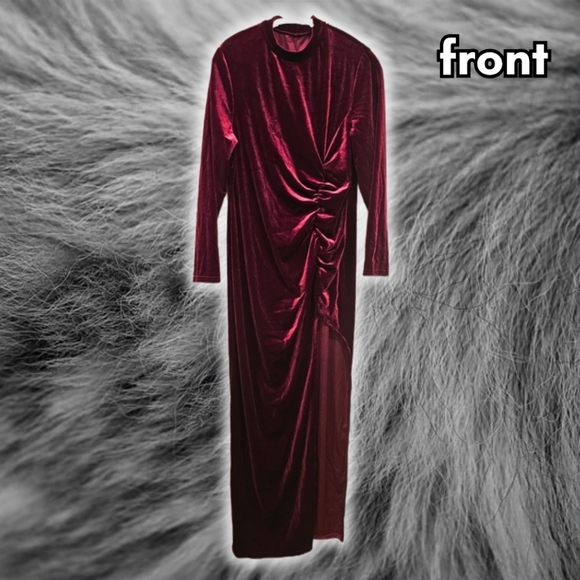 velvet long-sleeved high neck dress with leg slit size 2XL in deep red burgundy - Picture 1 of 5